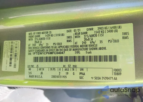 2021 Ford F-150 Xl z USA, uszkodzony, nr VIN 1FTEW1CP6MFC04047